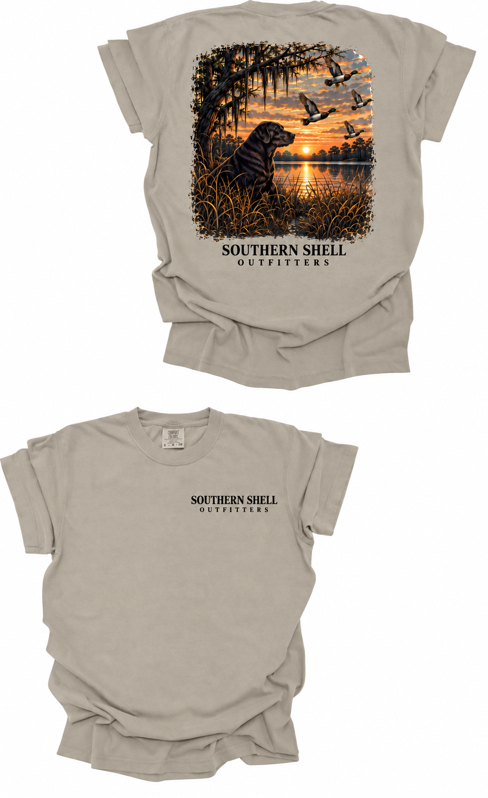 Southern Shell Outfitters duck dog sunset T-shirt in sand with updated text-only logo, front and back