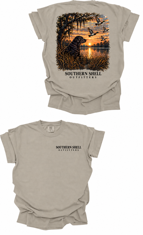 Southern Shell Outfitters duck dog sunset T-shirt in sand with updated text-only logo, front and back