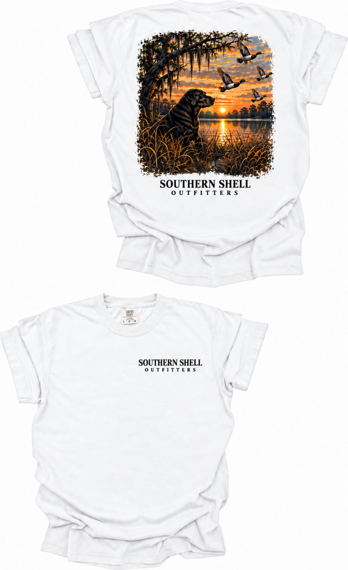 Southern Shell Outfitters duck dog sunset T-shirt in white with updated text-only logo, front and back